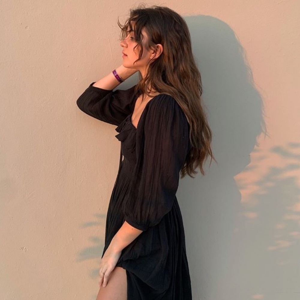 Free people black puffy long sleeve midi dress
